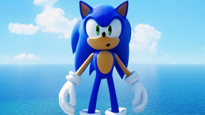 Sonic the Hedgehog stands on an oceanside cliff in Sonic Frontiers