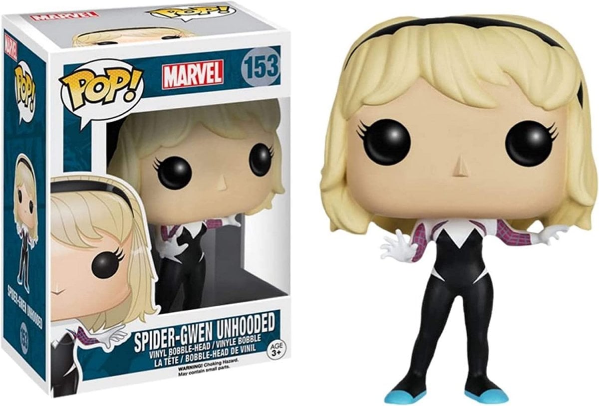 Spider-Gwen Funko Pop, displayed in and out of box (Funko)