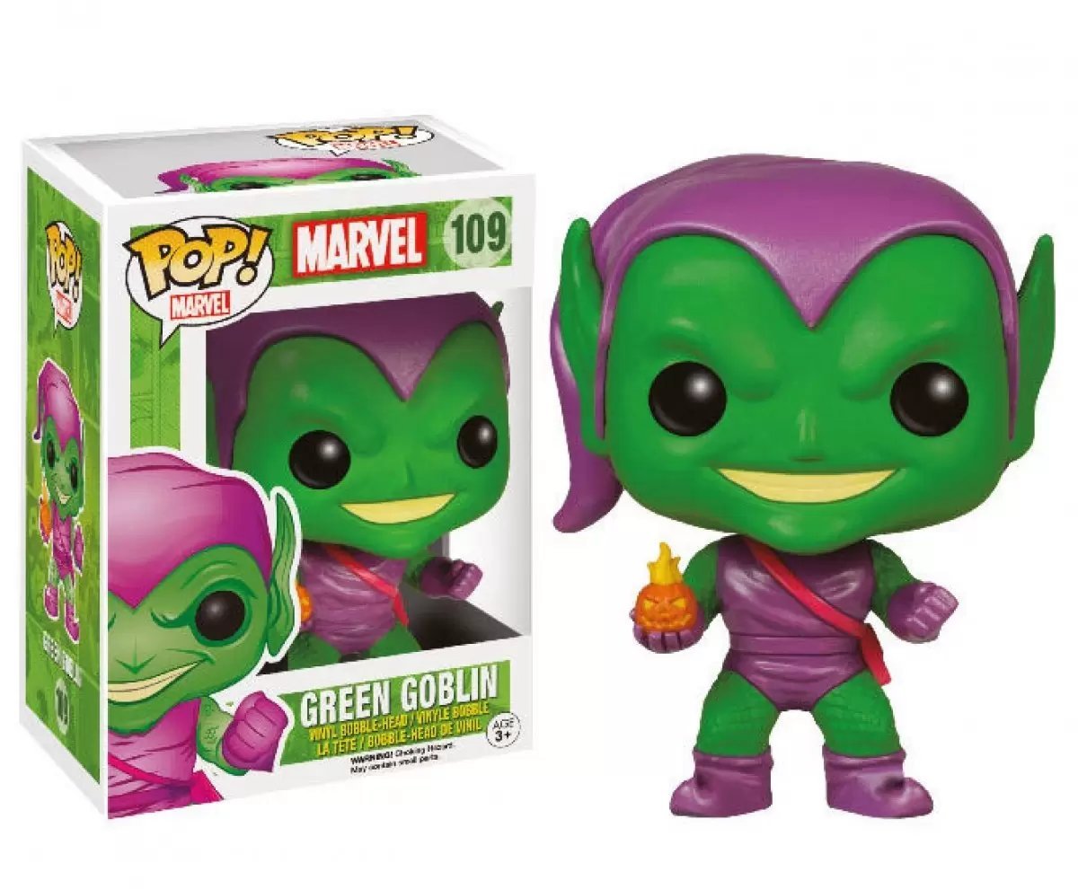 Green Goblin Funko Pop, displayed in and out of box (Funko)