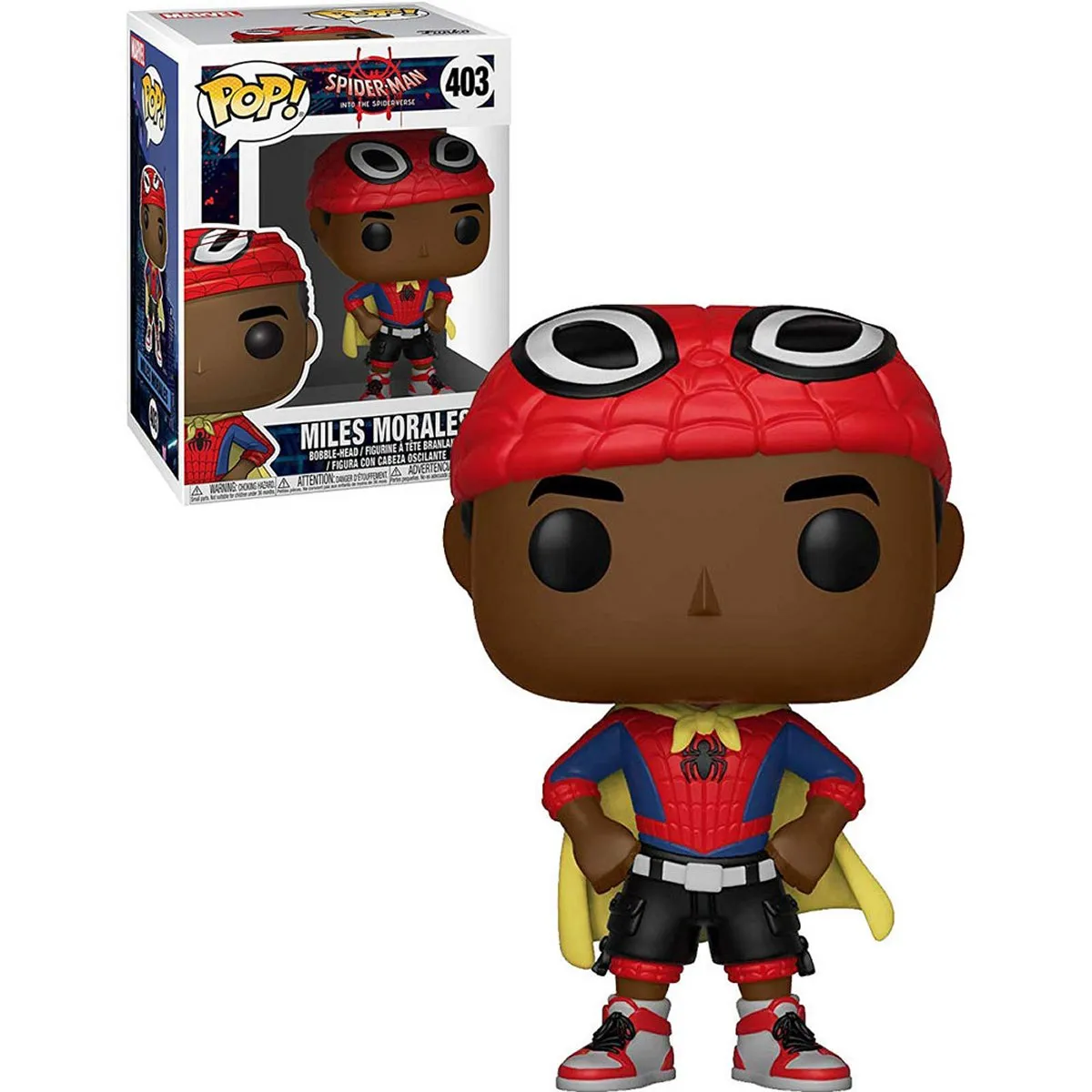 Miles Morales with Cape Funko Pop, displayed in and out of box (Funko)
