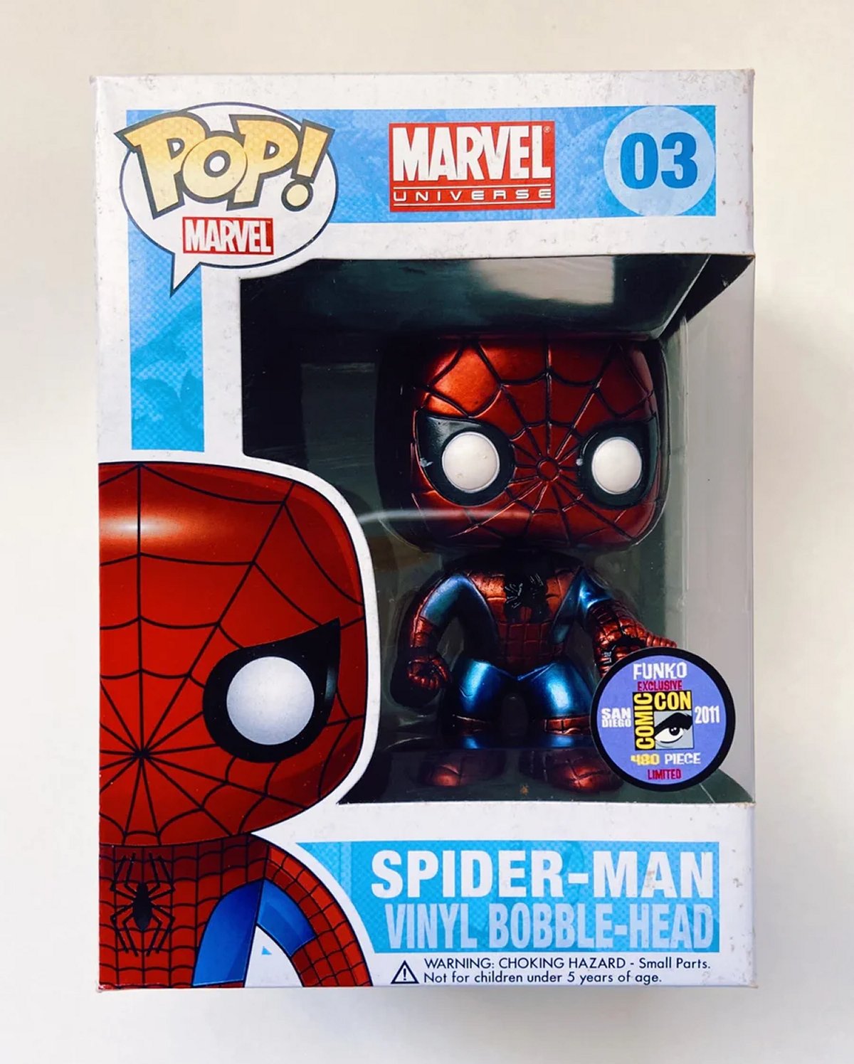 Metallic Spider-Man Funko Pop, displayed in box (Funko)