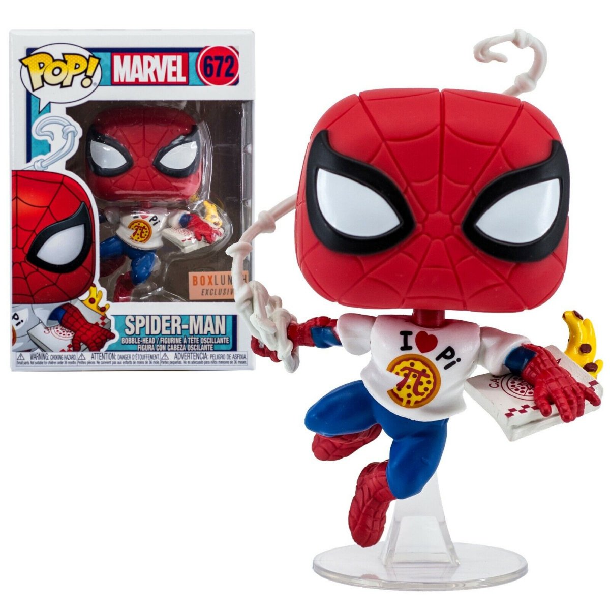 Spider-Man with Pizza Funko Pop, displayed in and out of box (Funko)