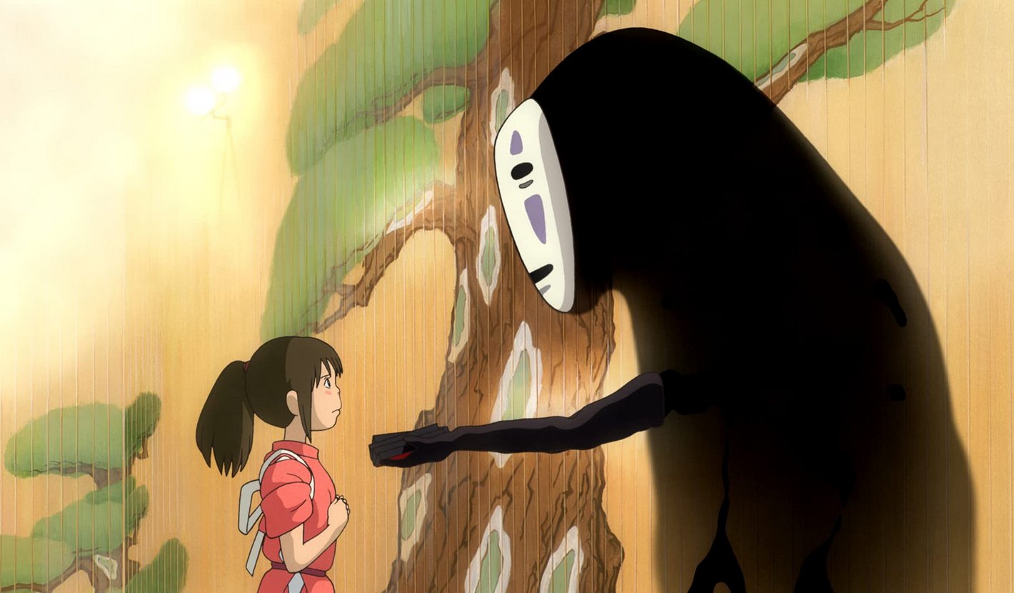 Chihiro facing the spirit No-Face (Studio Ghibli)