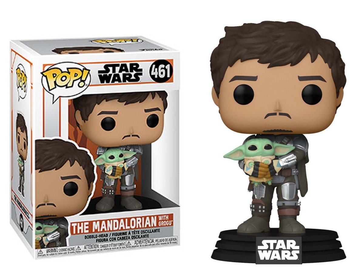 The Mandalorian Holding Grogu Funko Pop, displayed in box and out of box
