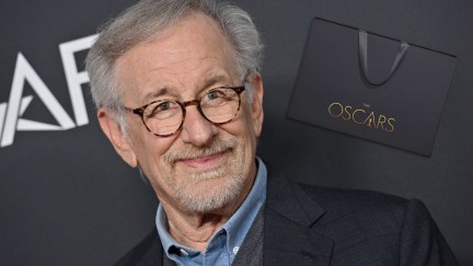 Steven Spielberg at 2022 AFI Fest; inset: Oscars gift bag