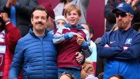 Jason Sudeikis as Ted, Gus Turner as Henry Lasso and Brendan Hunt as Coach Beard in Ted Lasso season 3