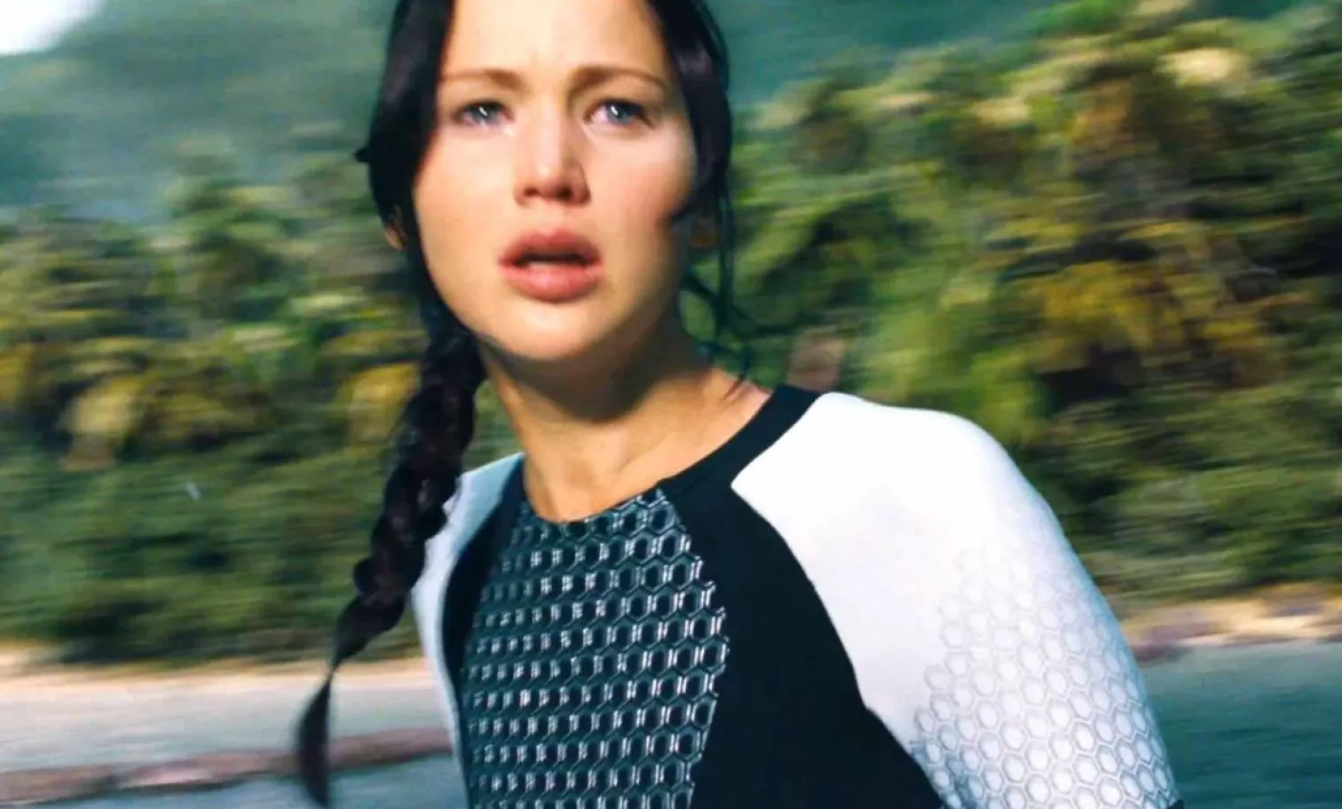 Katniss Everdeen, played by Jennifer Lawrence, enters the arena of the third Quarter Quell in the second movie of the Hunger Games saga, Catching Fire