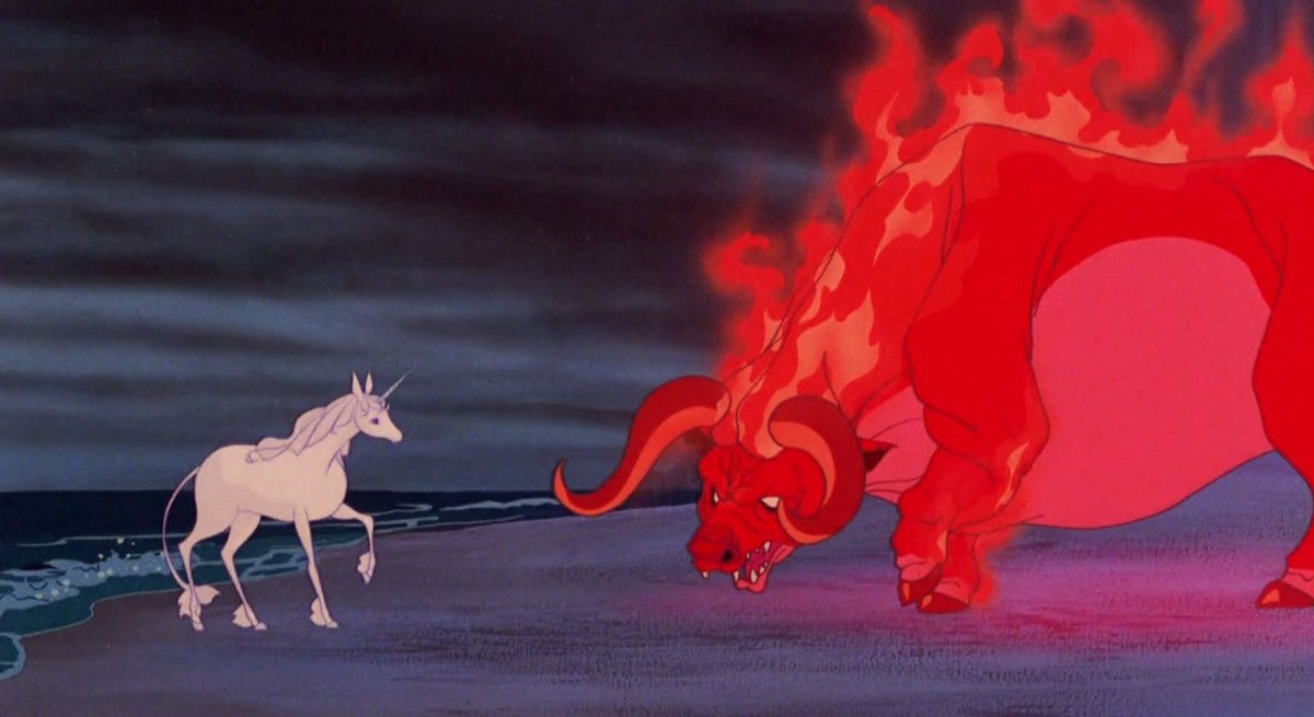 The Unicorn faces down the Red Bull (Rankin/Bass Productions)