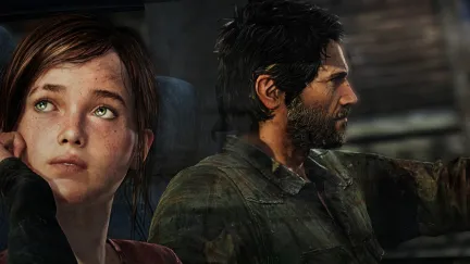 Ellie and Joel in a car in The Last of Us video game