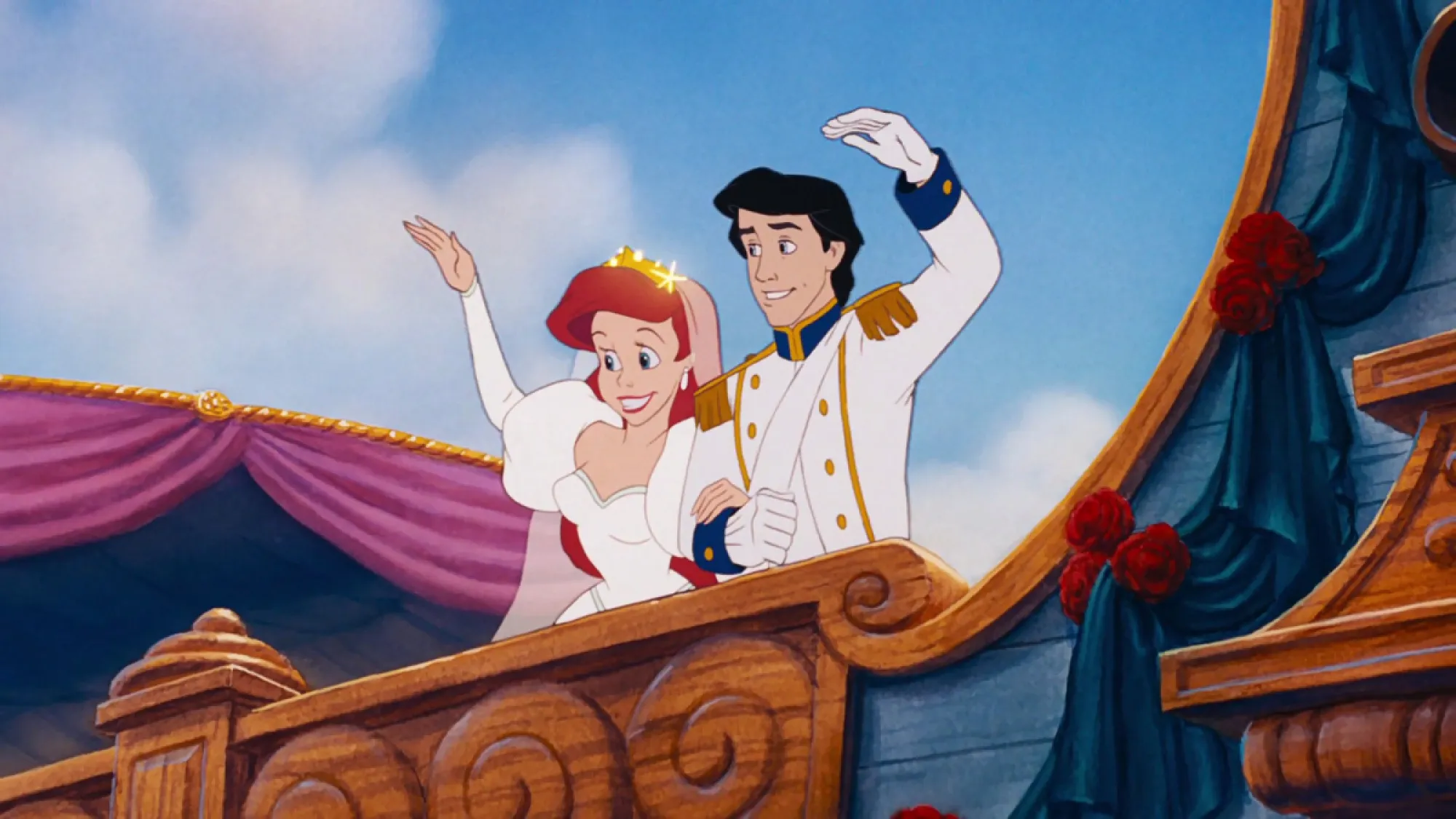Ariel and Prince Eric wave on their wedding day in 'The Little Mermaid'