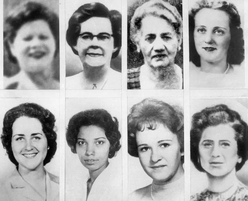 The victims of the Boston Strangler (upper L to lower R)- Rachel Lazarus, Helen E. Blake, Ida Irga, Mrs. J. Delaney, Patricia Bissette, Daniela M. Saunders, Mary A. Sullivan, Mrs. Israel Goldberg. 