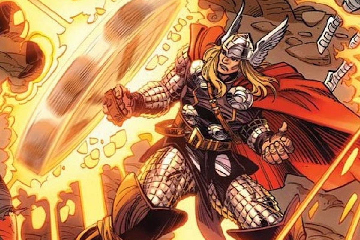 Thor in a winged helmet that shows his face, leaning back and swinging his hammer in a circle as a wheel of fire forms around it.