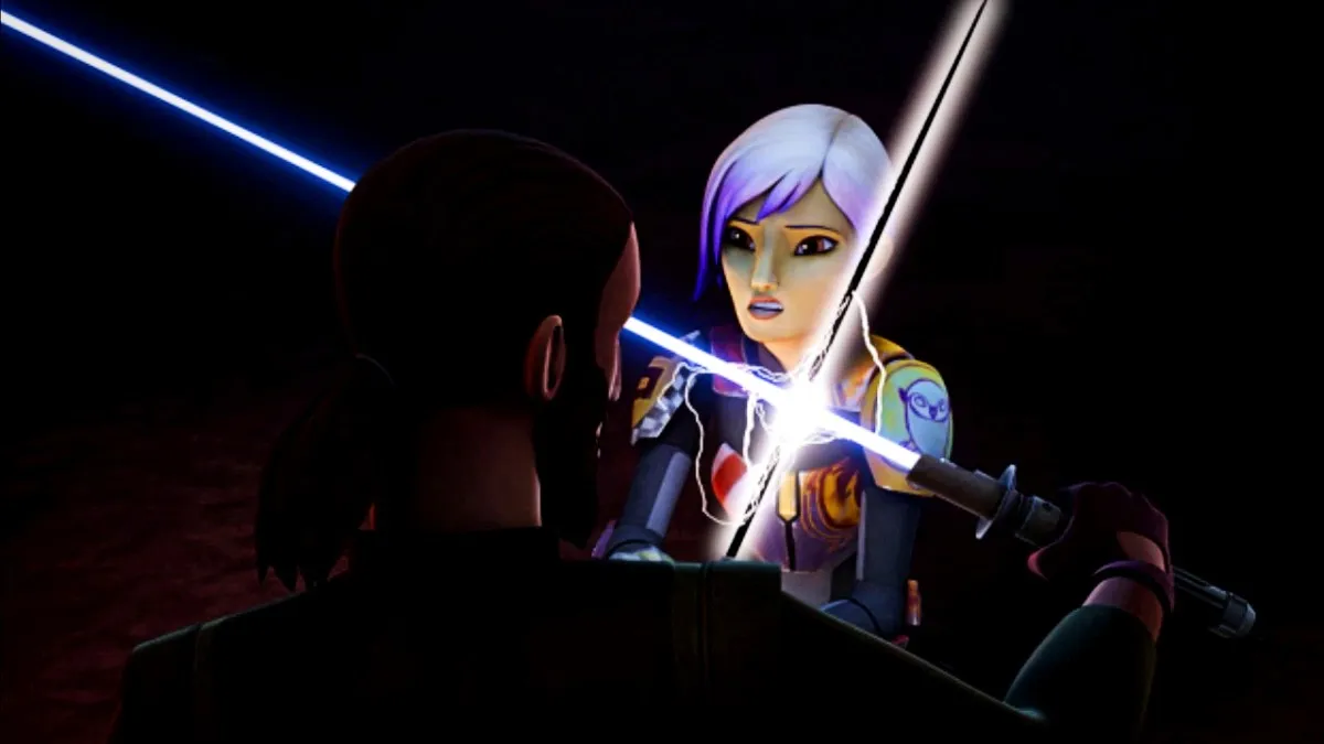 Tiya Sircar as Sabine Wren fighting with the Darksaber in Star Wars Rebels