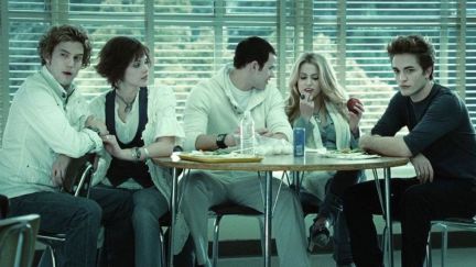 The Cullen kids, Jasper, Alice, Emmett, Rosalie and Edward, sit in the cafeteria of Forks High School in the first Twilight movie