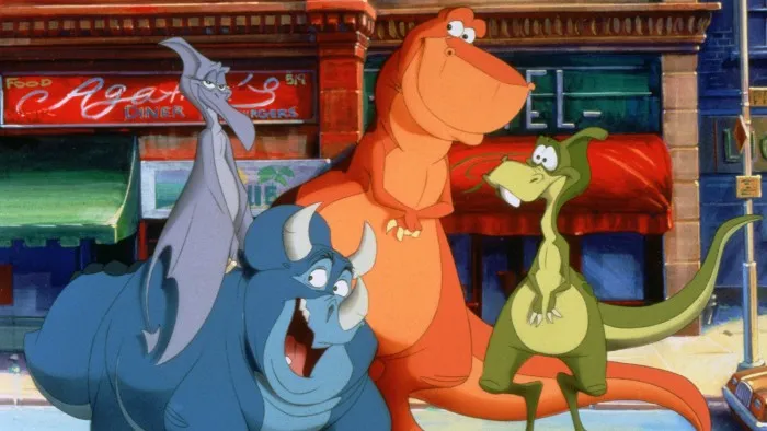 Four animated dinosaurs stand on a New York City street in 'We're Back! A Dinosaur's Story.'