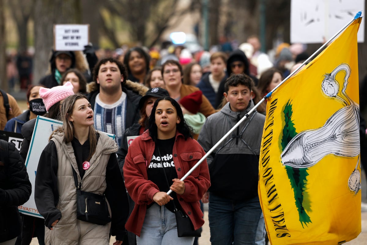 A group of abortion rights protesters marching.