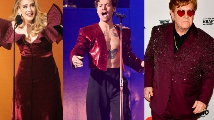 Combined, separate images of Adele and Harry styles on stage in front of microphones, and Elton John at a red carpet photo op.