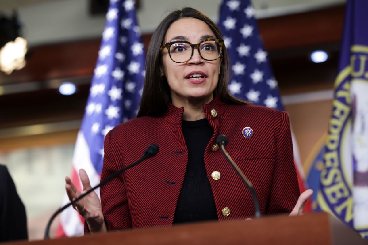 U.S. Rep. Alexandria Ocasio-Cortez (D-NY) speaks on banning stock trades for members of Congress at news conference on Capitol Hill.
