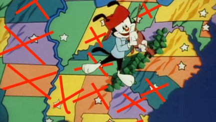 Animaniacs animated character Wakko dances across a map of the United States. A number of states have big red Xs drawn over them.