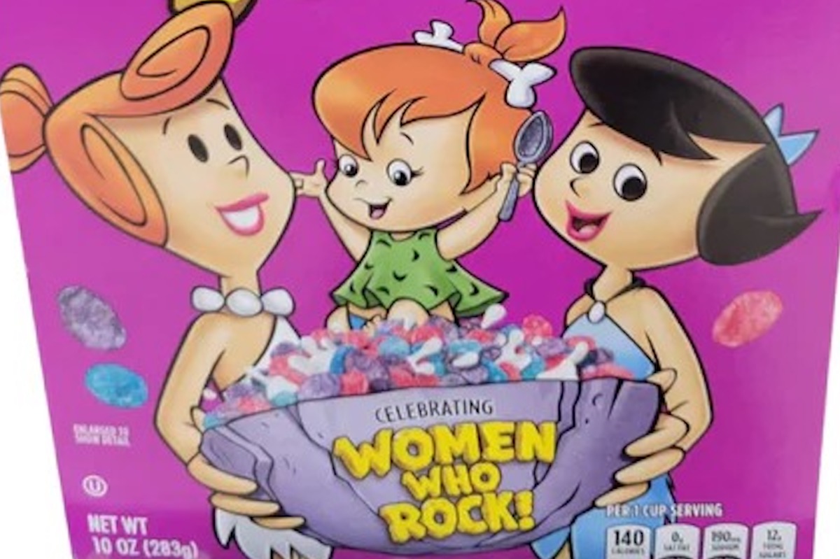 Berry Pebbles Limited Edition Cereal with female flintstones characters, with caption "celebrating women who rock"