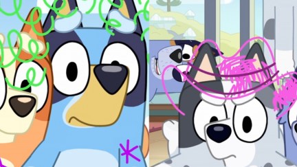 Bluey, Bingo, and Muffin stare at the screen with lines drawn around their faces.