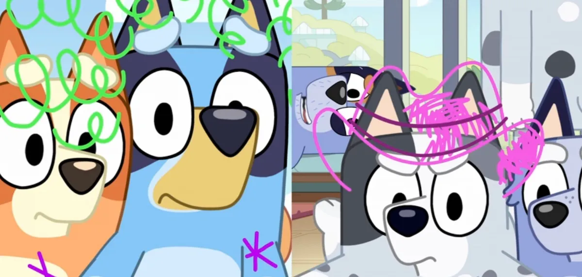 Bluey, Bingo, and Muffin stare at the screen with lines drawn around their faces.