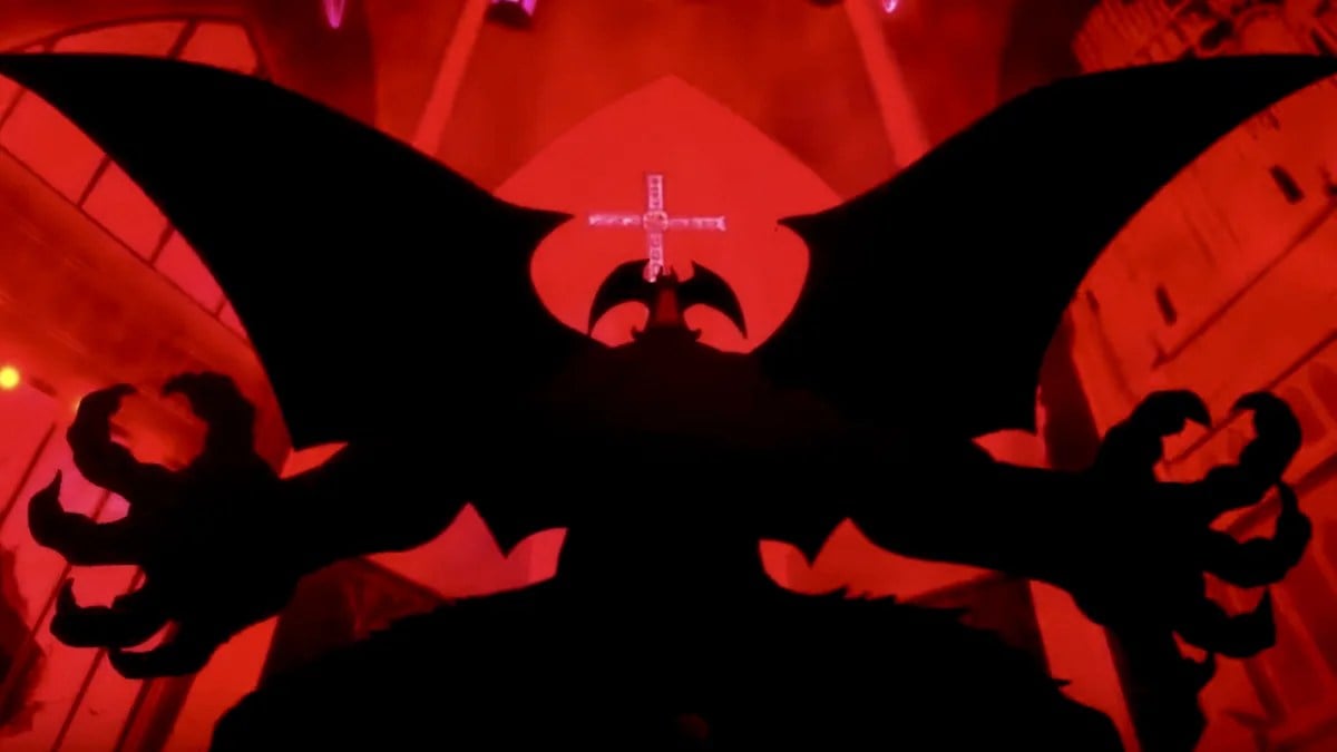 The Devilman stretching his claws against a red background in "Devilman Crybaby"