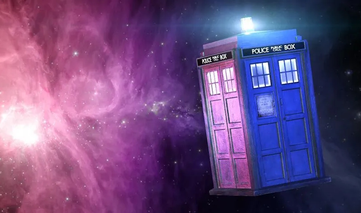 The TARDIS in Doctor Who, flying in space.