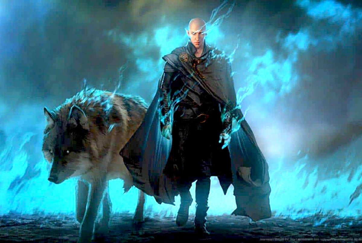 A man and a giant wolf amidst glowing blue flames in Dragon Age: Dreadwolf art.