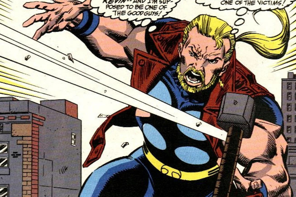 A blonde man with a piny tail and stubble in Thor's costume, calling the hammer to him.