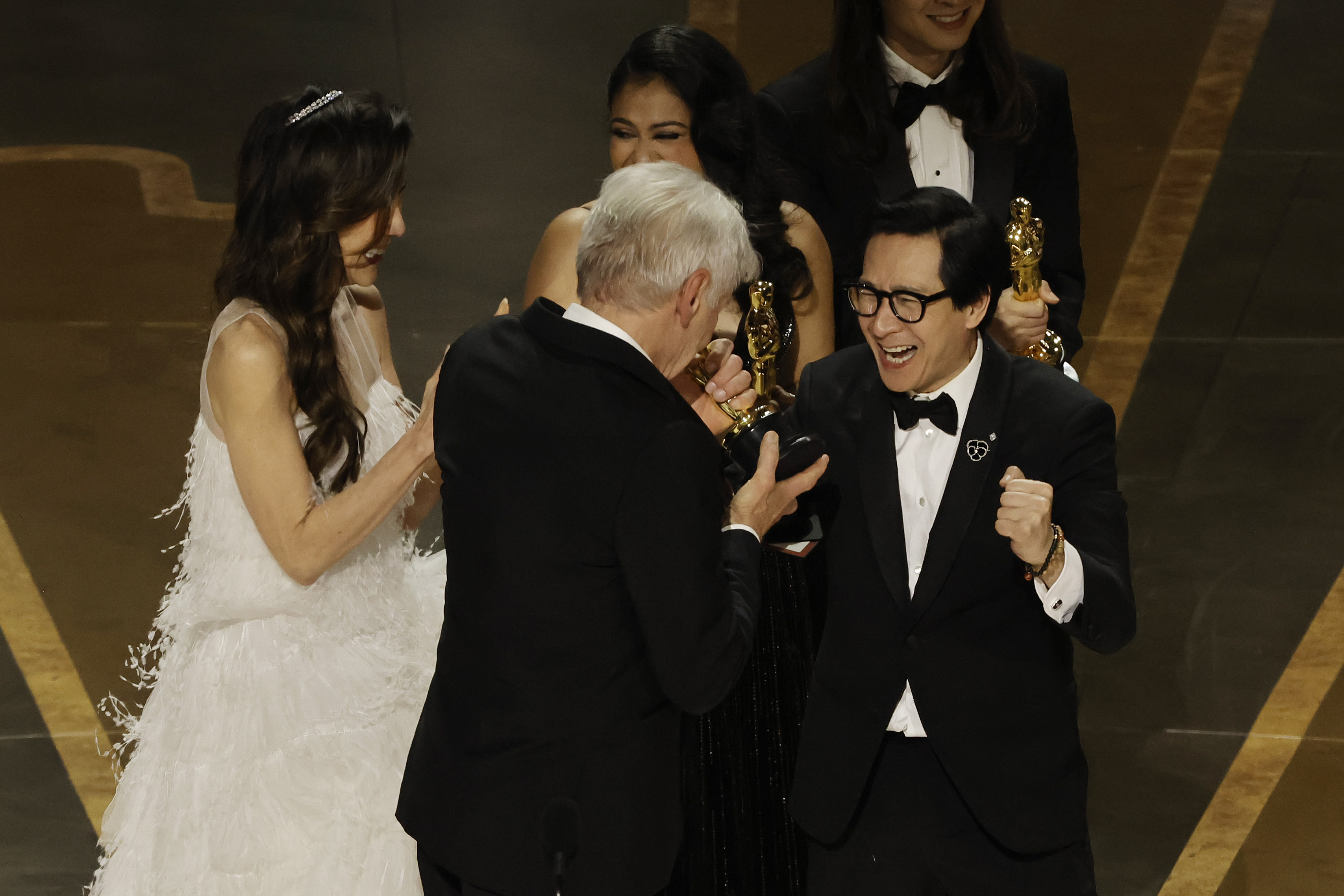 Harrison Ford and Ke Huy Quan Cheering at Each Other