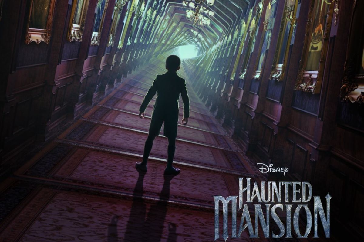 Haunted Mansion poster showing warped hallway.