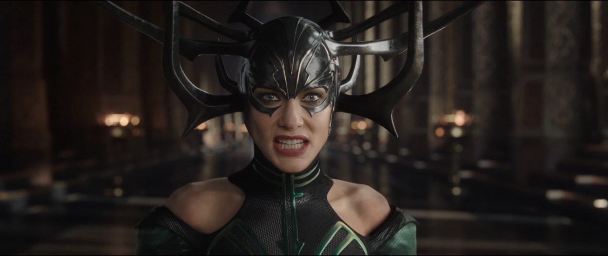 Hela wears her crown and sneers in Thor: Ragnarok.