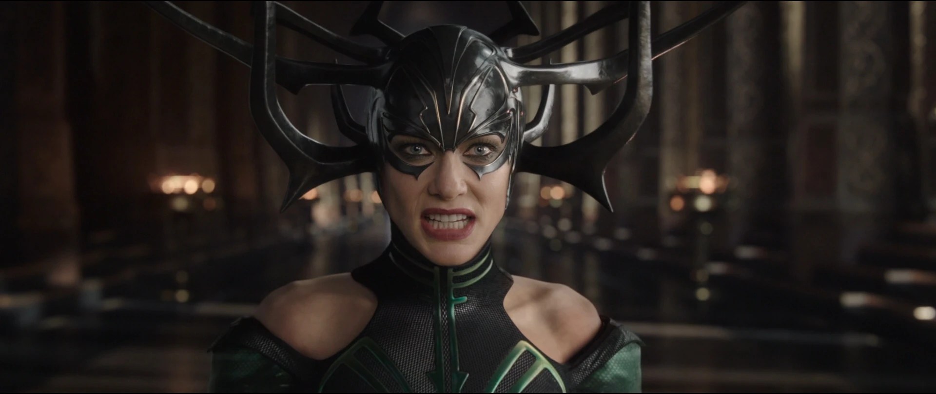 Hela wears her crown and sneers in Thor: Ragnarok.