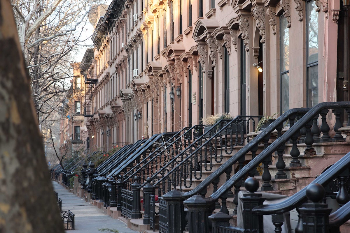 A row of brownstone homes.
