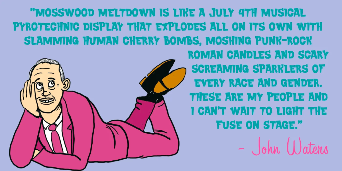 John Waters comic art, highlighting what he loves about his punk festival Mosswood Meltdown.