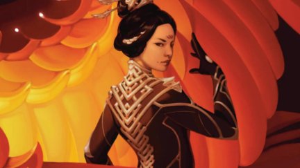 The book cover of Iron Widow, featuring the protagonist looking defiant.