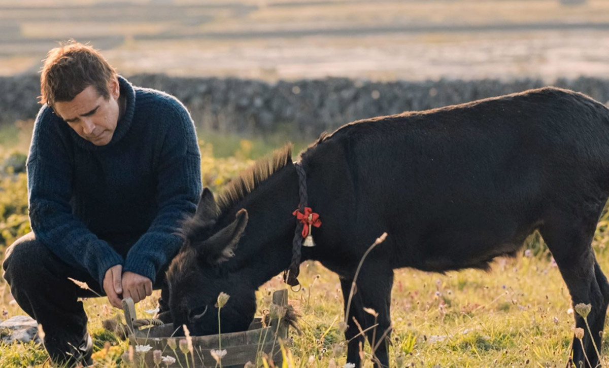 Colin Farrell as Pádraic hanging out with Jenny the Donkey in the Banshees of Inisherin