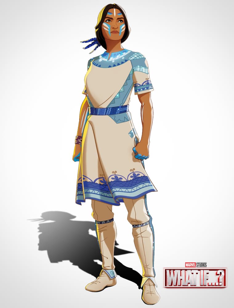 Illustration of the character Kahhori on Marvel Studios' 'What If...?' series on Disney+. Kahhori stands against a white background. She is a Mohawk woman with dark hair pulled back into a braid. Her face has blue and white paint on her forehead and cheeks. She is wearing a blue and white dress-like garment over breeches in a similar color scheme and white boots. In the corner of the image we see the red, black, and white Marvel Studios What If...? logo.