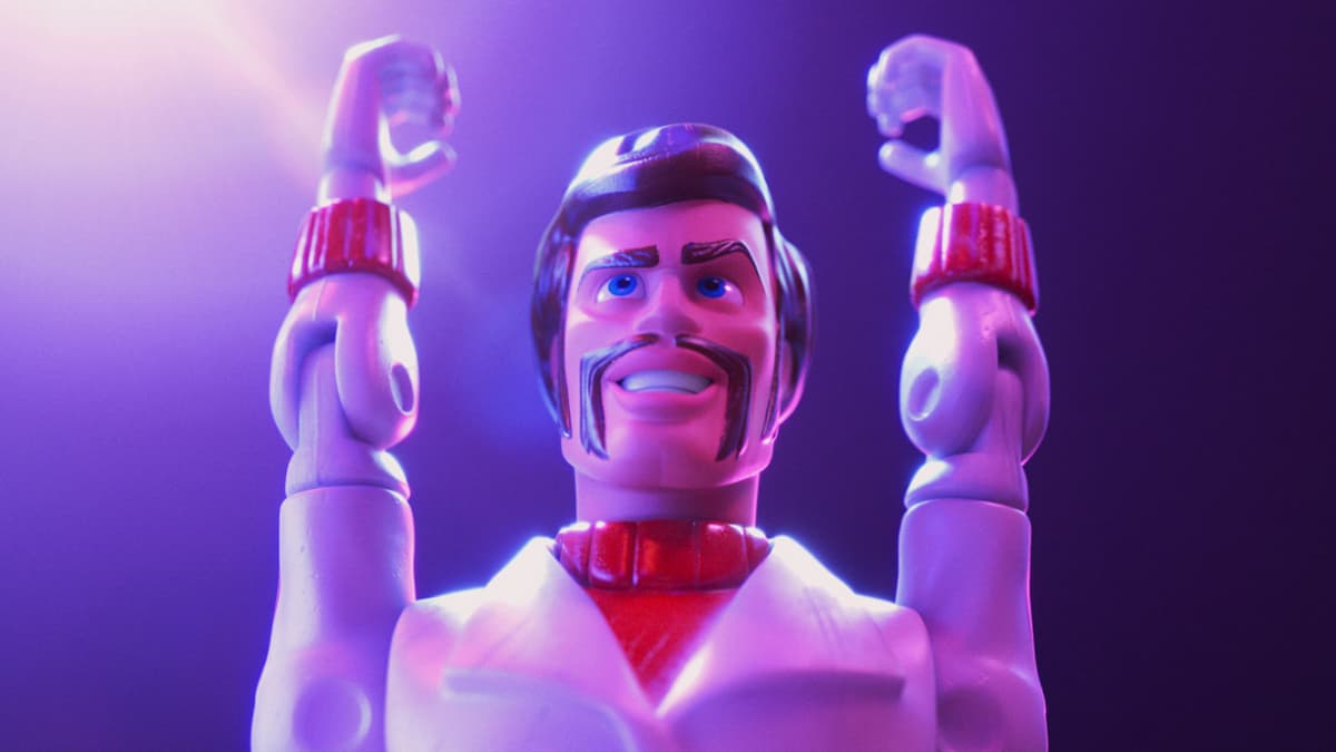 Duke Kaboom, Keanu Reeves' character, looking triumphant in Toy Story 4.