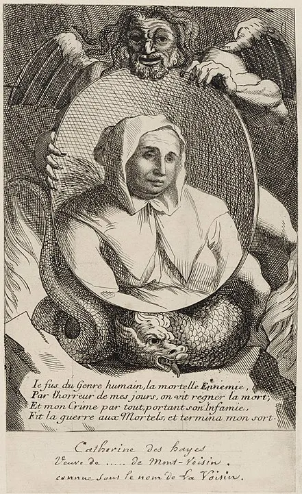 Engraving of La Voisin, a woman in a hood with a man looking down on top of her.