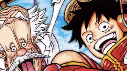 Luffy and Vegapunk from One Piece on the cover of Weekly Shounen Jump
