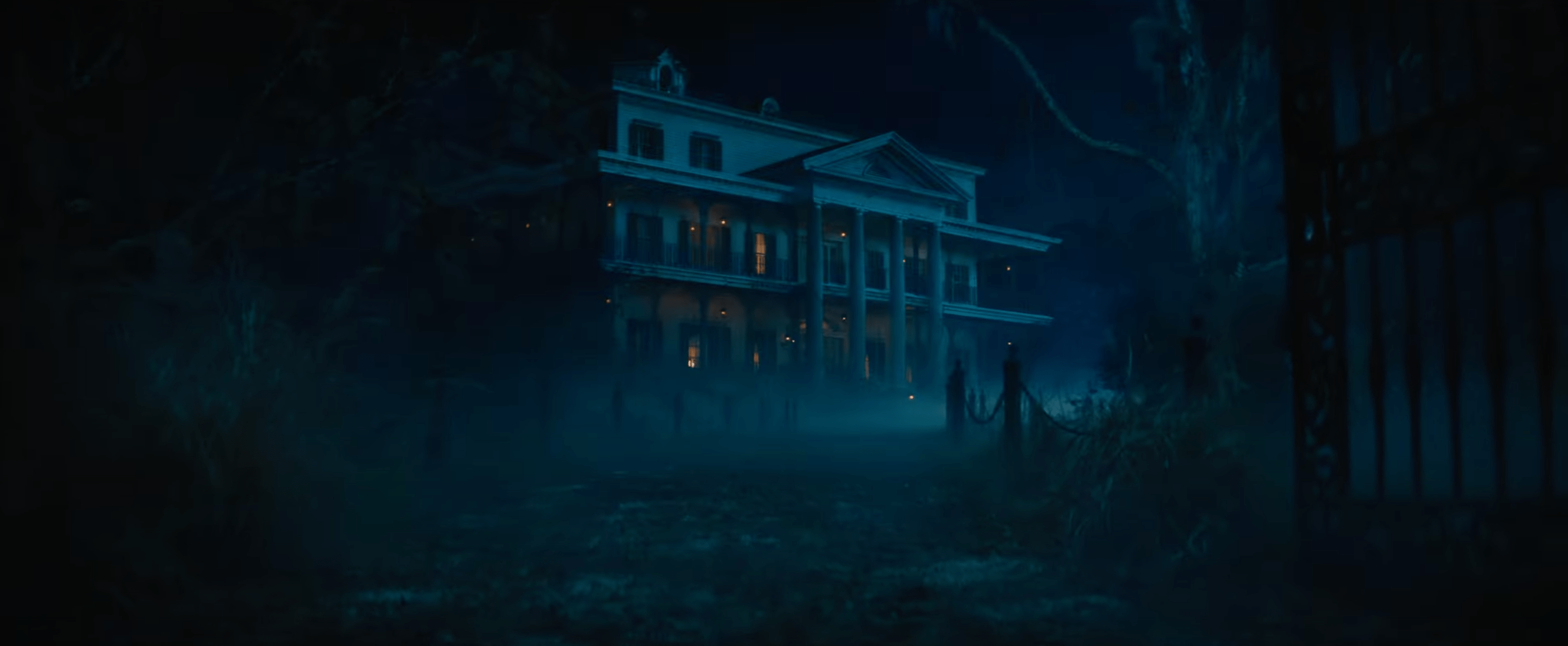 A shot of the plantation-style facade in the haunted mansion trailer