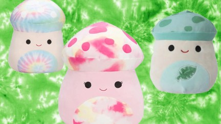Three squishmallow plushies shaped like mushrooms overlaid on a green tie-dyed background