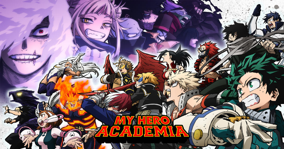 A group of young superheroes from  "My Hero Academia" looking battle ready and determined 