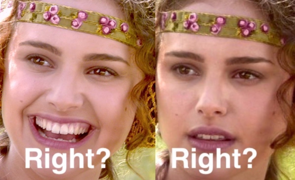 Padmé star wars meme where she's laughing and asking "right?" and then making a serious face and again asking "right?"