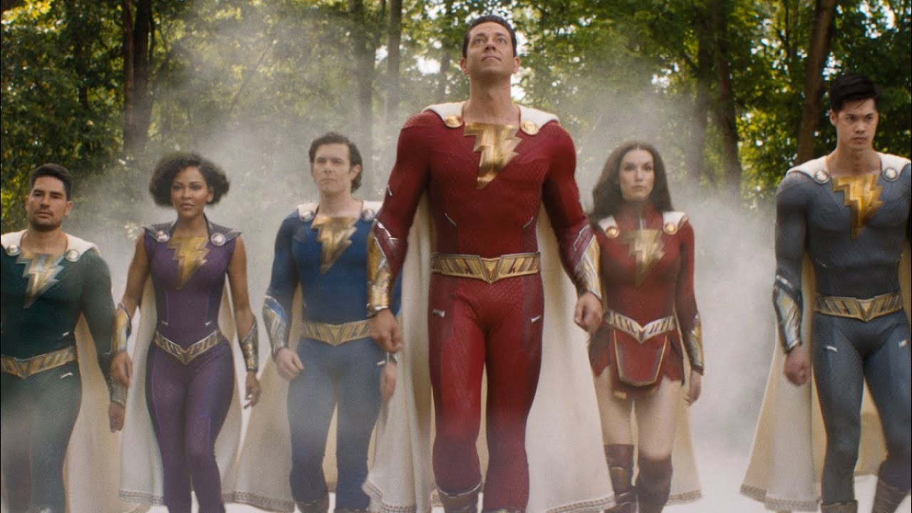Billy as Shazam and the rest of the Shazam family walk down the street.