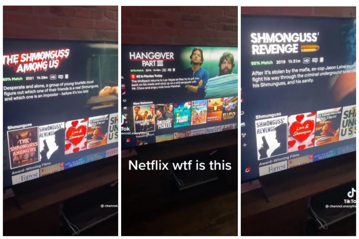 Three screenshots from a TikTok showing the Netflix homescreen