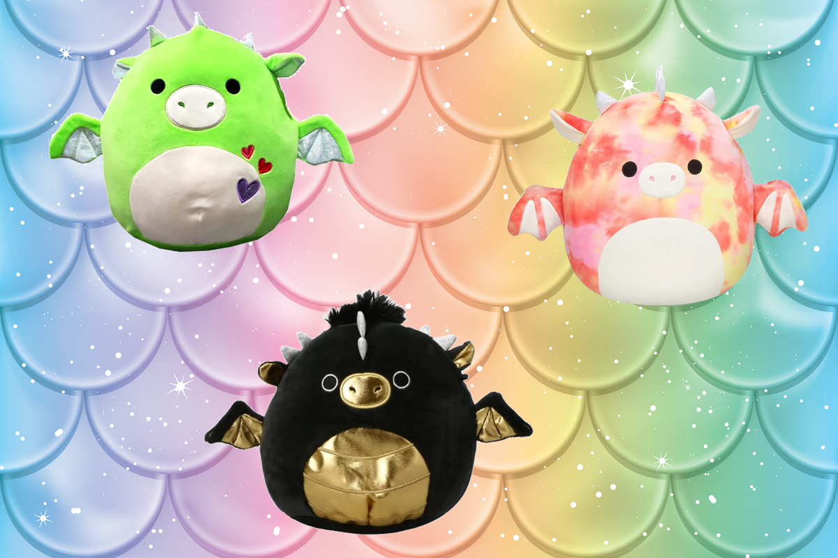Three squishmallow dragons overlaid on a rainbow dragon scale background