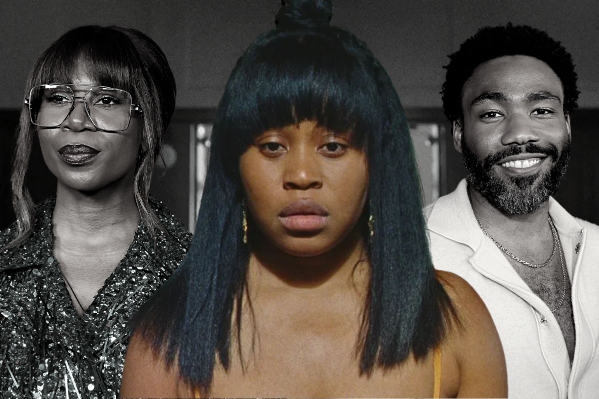 Image of Dominique Fishback as Dre in Amazon's 'Swarm.' but with co-creators Donald Glover and Janine Nabers behind her.